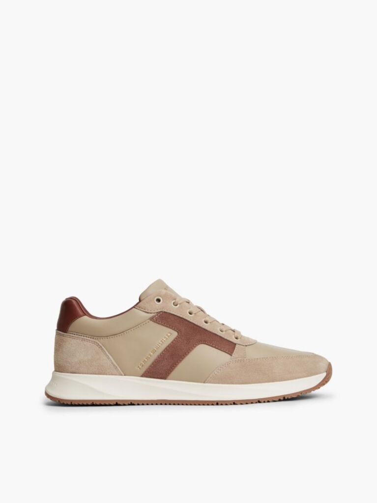 Beige Leather Mixed Texture Trainers  Men
