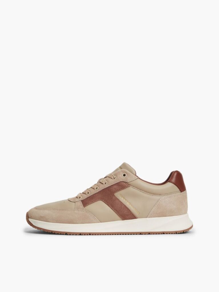 Beige Leather Mixed Texture Trainers  Men
