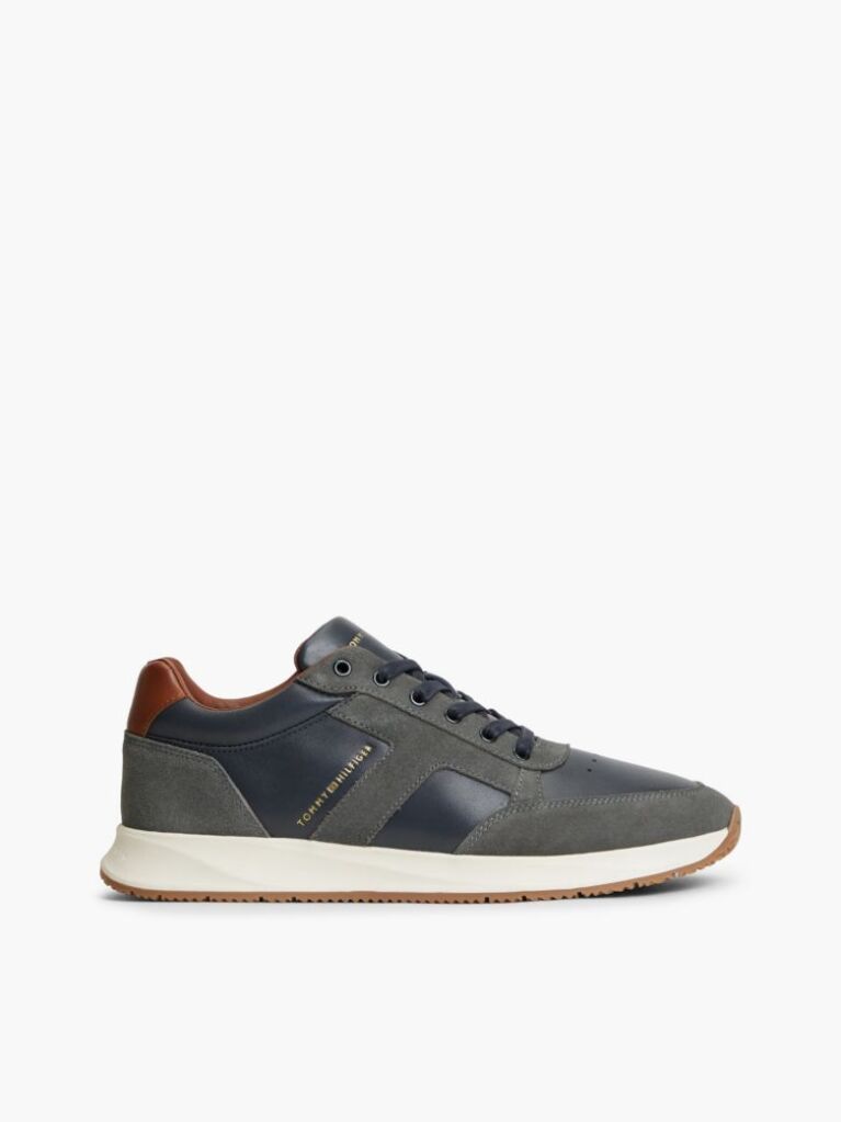 Blue Leather Mixed Texture Trainers  Men