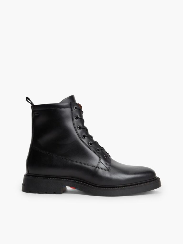 Black Leather Cleat Zip-Up Mid Boots  Men
