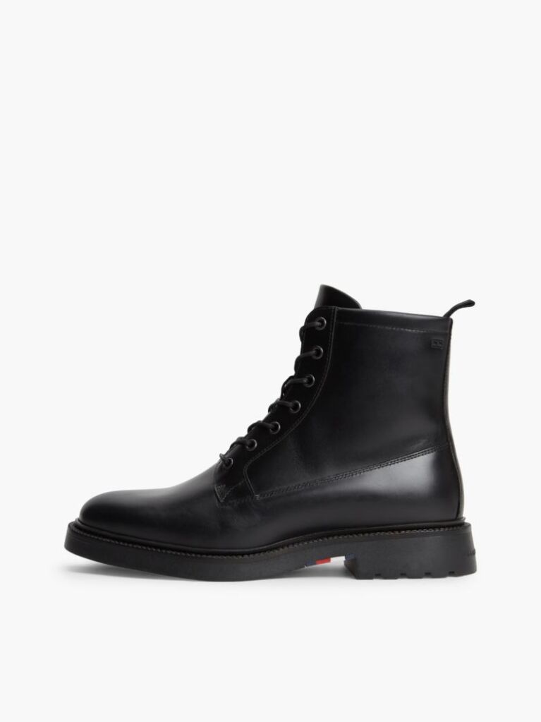 Black Leather Cleat Zip-Up Mid Boots  Men