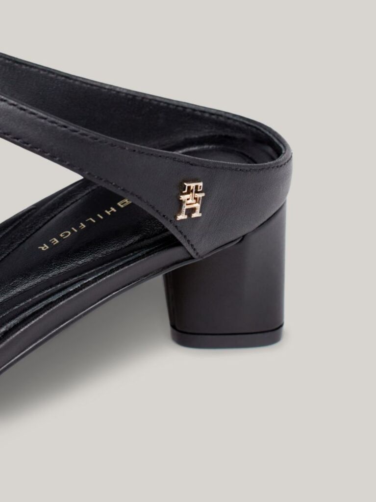 Black Leather Mid-Heel Strap Sandals  Women