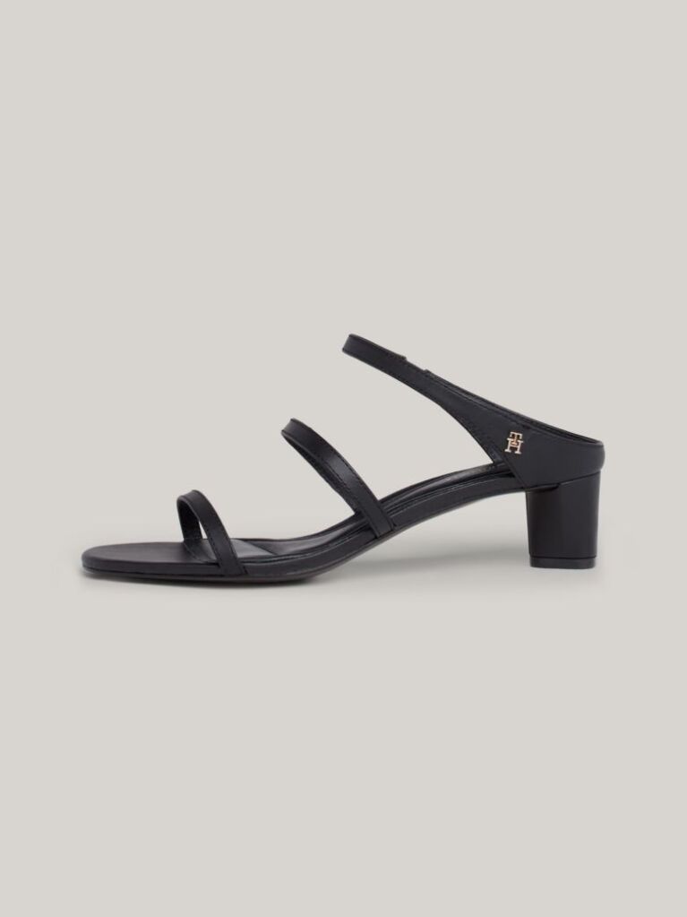 Black Leather Mid-Heel Strap Sandals  Women