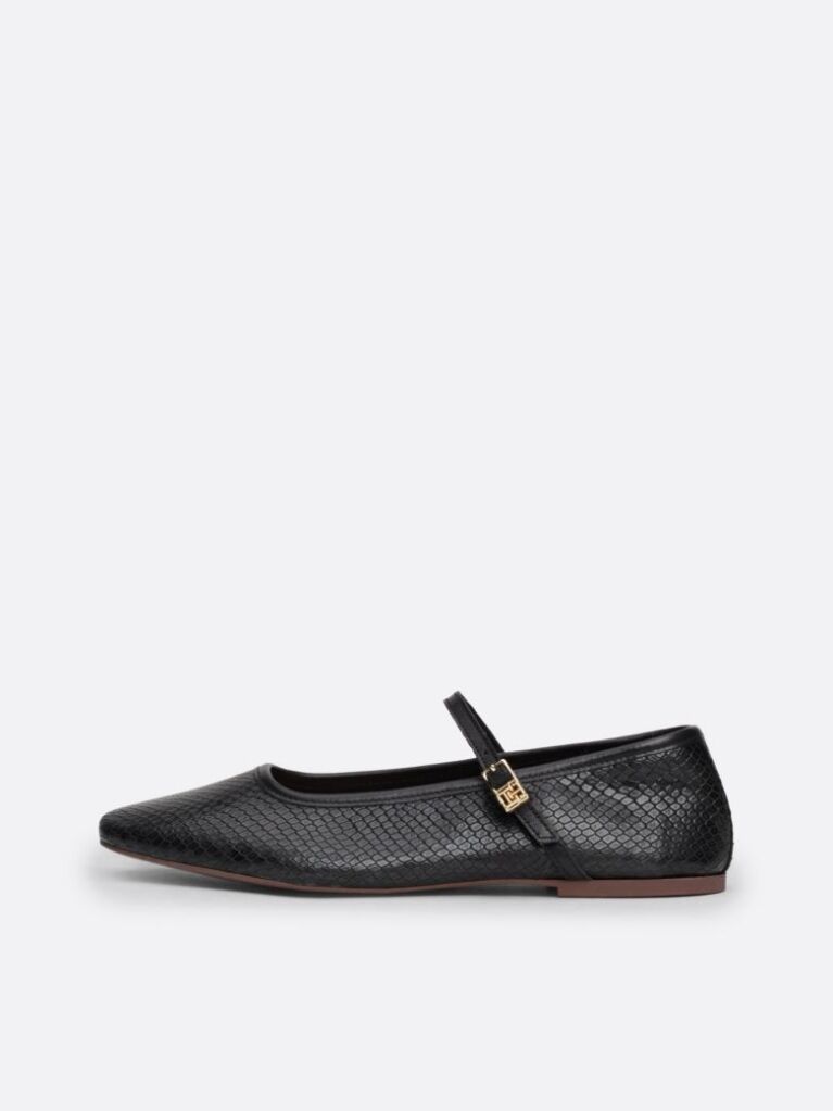 Black Snake Embossed Leather Mary Jane Ballerinas  Women