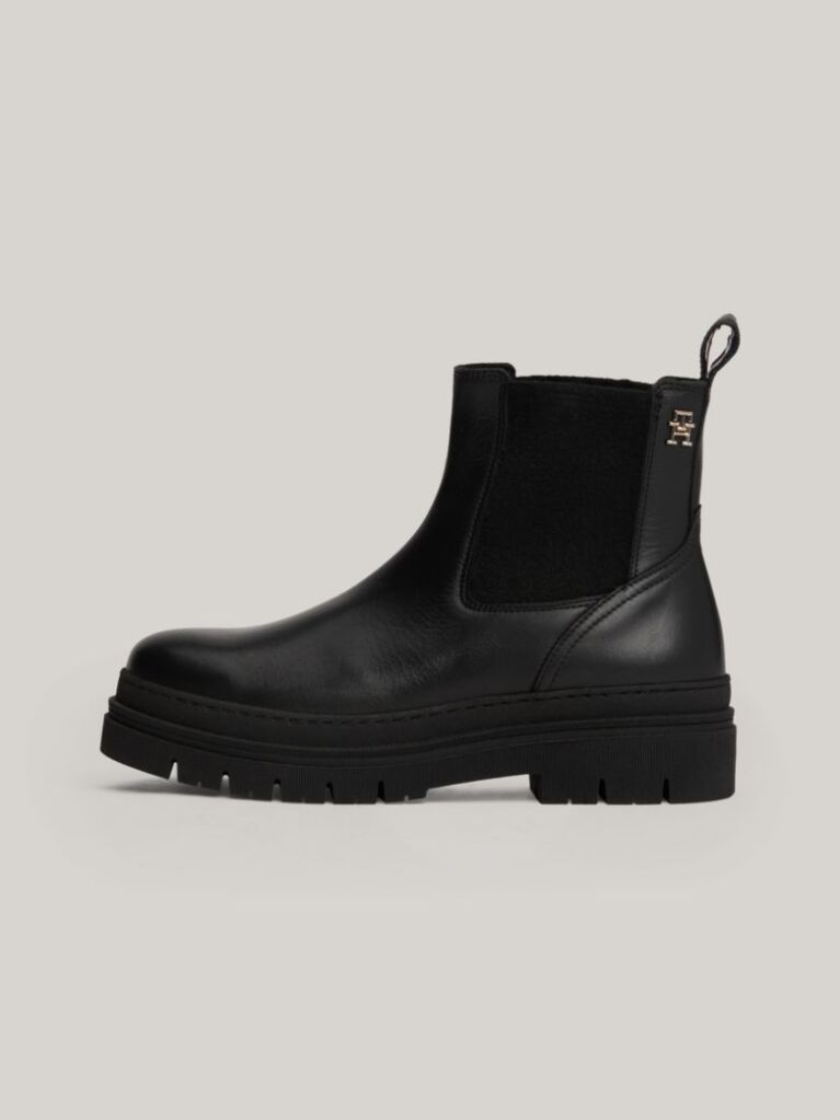 Black TH Monogram Leather Cleat Chelsea Boots  Women