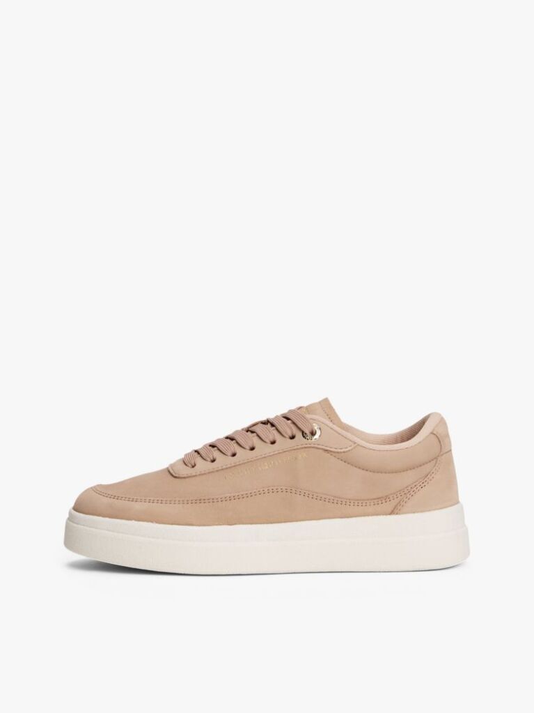Beige Leather Metallic Logo Court Trainers  Women