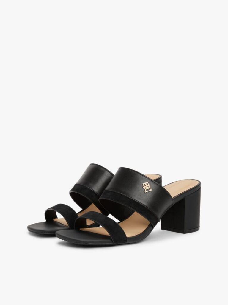 Black Leather Block Heel Mules  Women