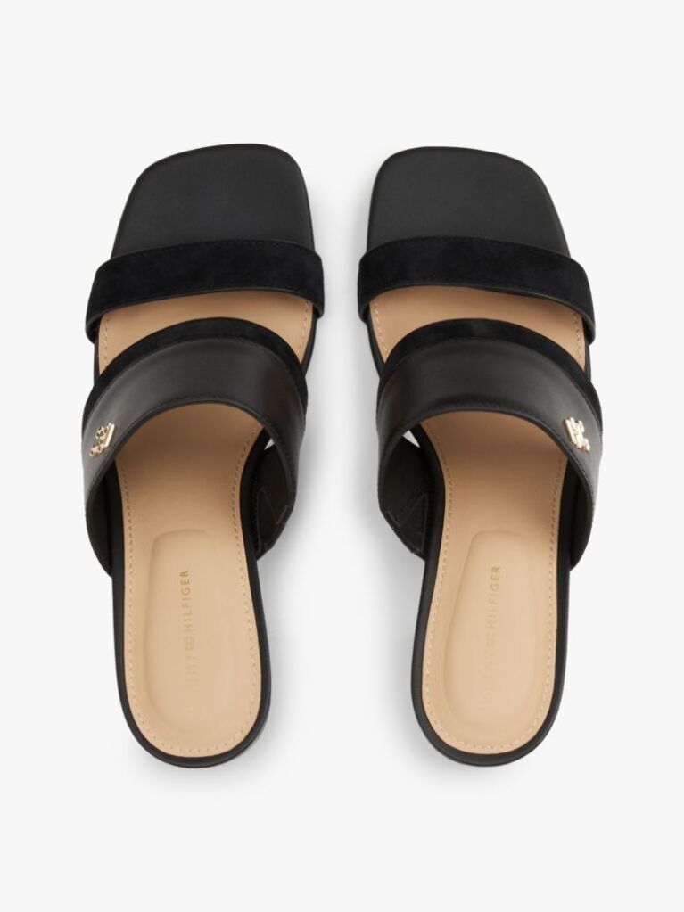Black Leather Block Heel Mules  Women