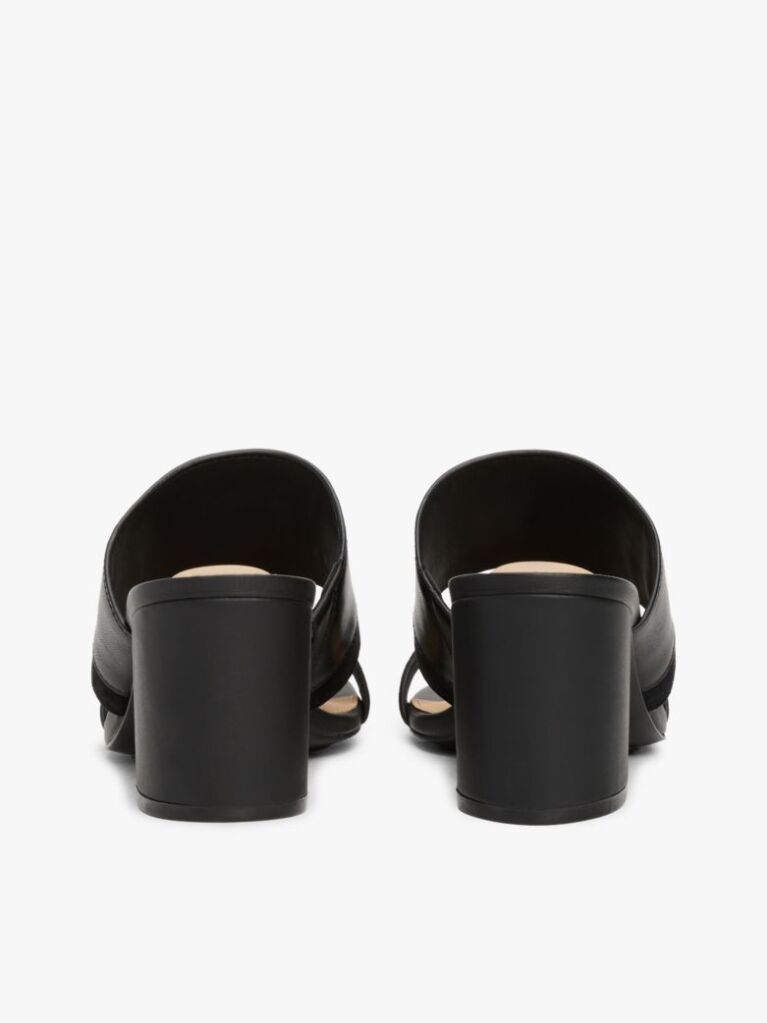 Black Leather Block Heel Mules  Women