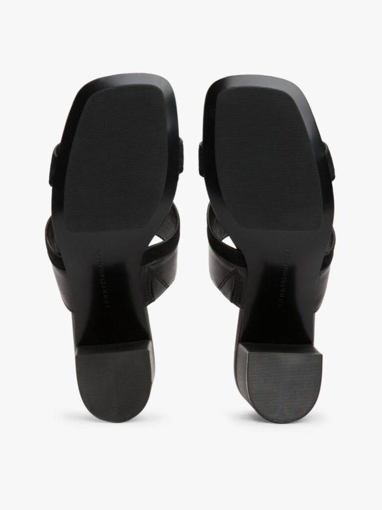 Black Leather Block Heel Mules  Women