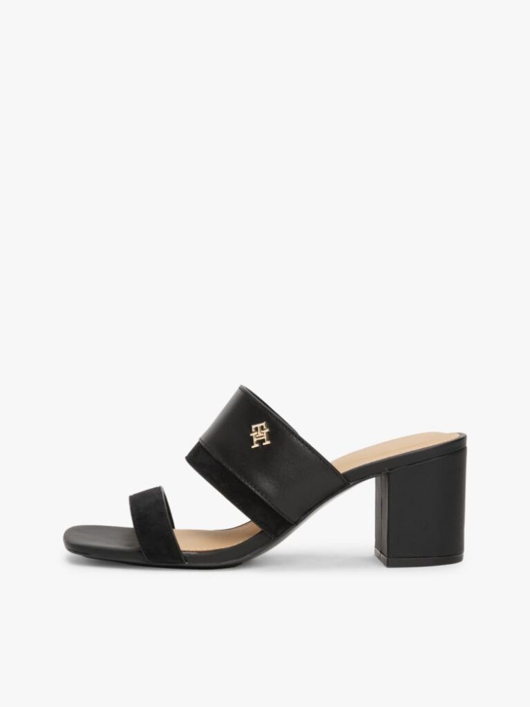 Black Leather Block Heel Mules  Women