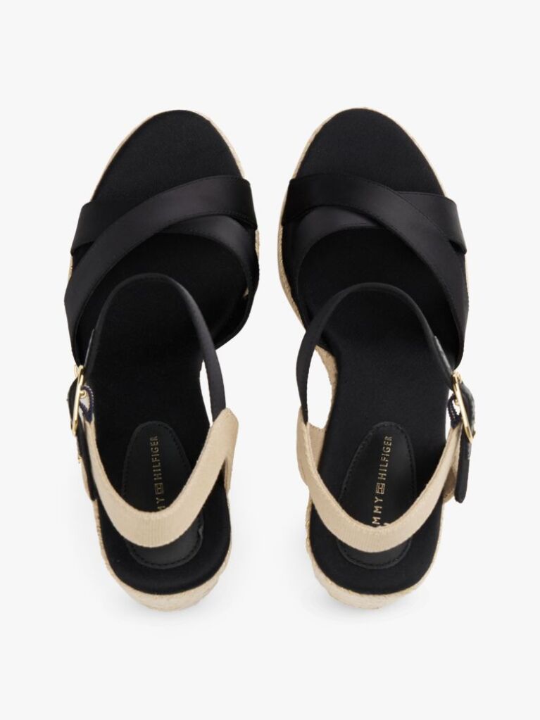 Black Satin Strap Espadrille Wedge Sandals  Women