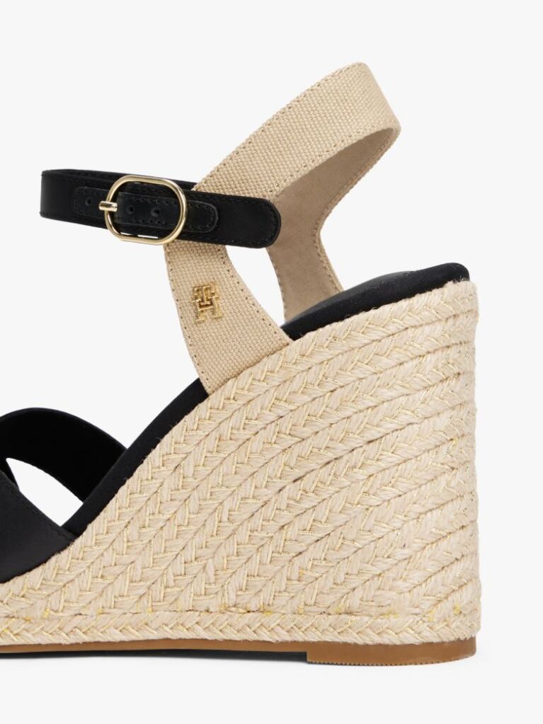 Black Satin Strap Espadrille Wedge Sandals  Women