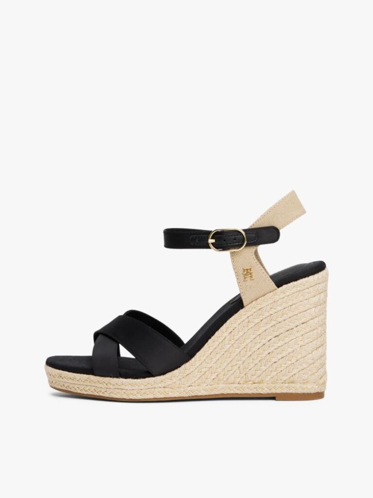 Black Satin Strap Espadrille Wedge Sandals  Women