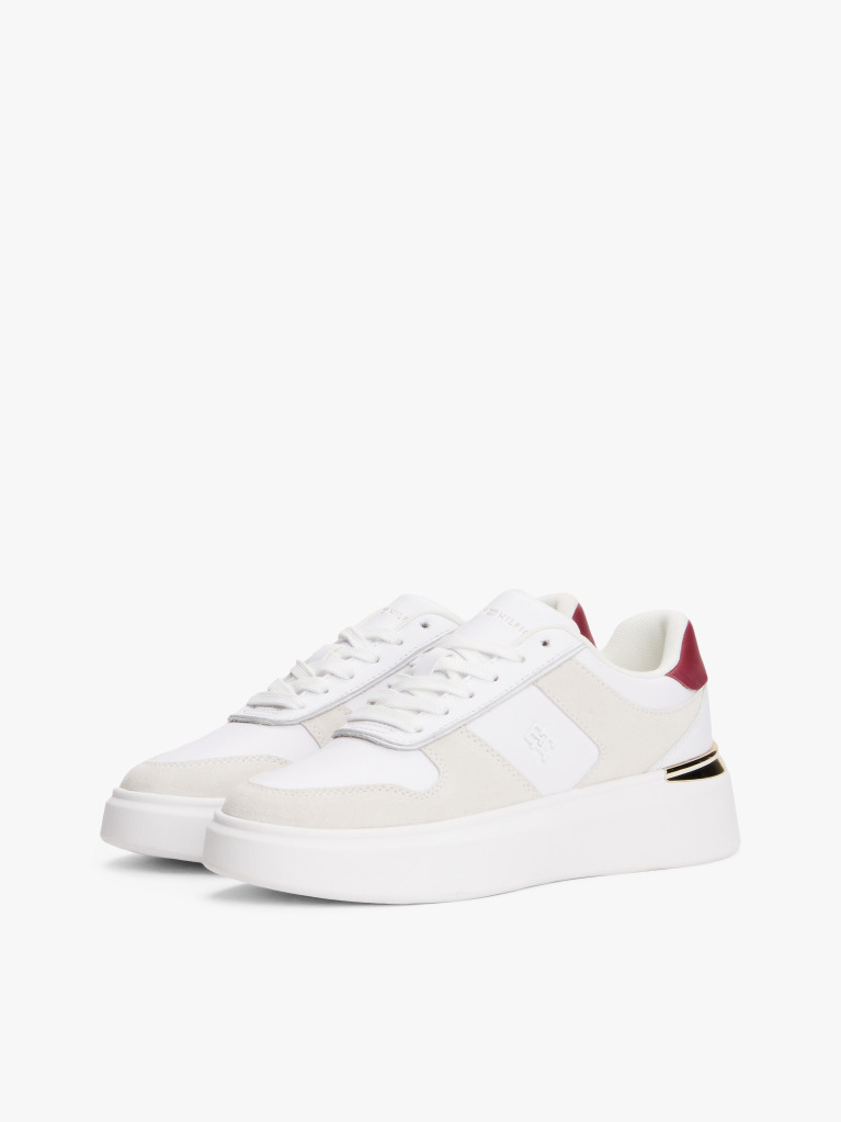 White Leather Mixed Texture Court Trainers  Women