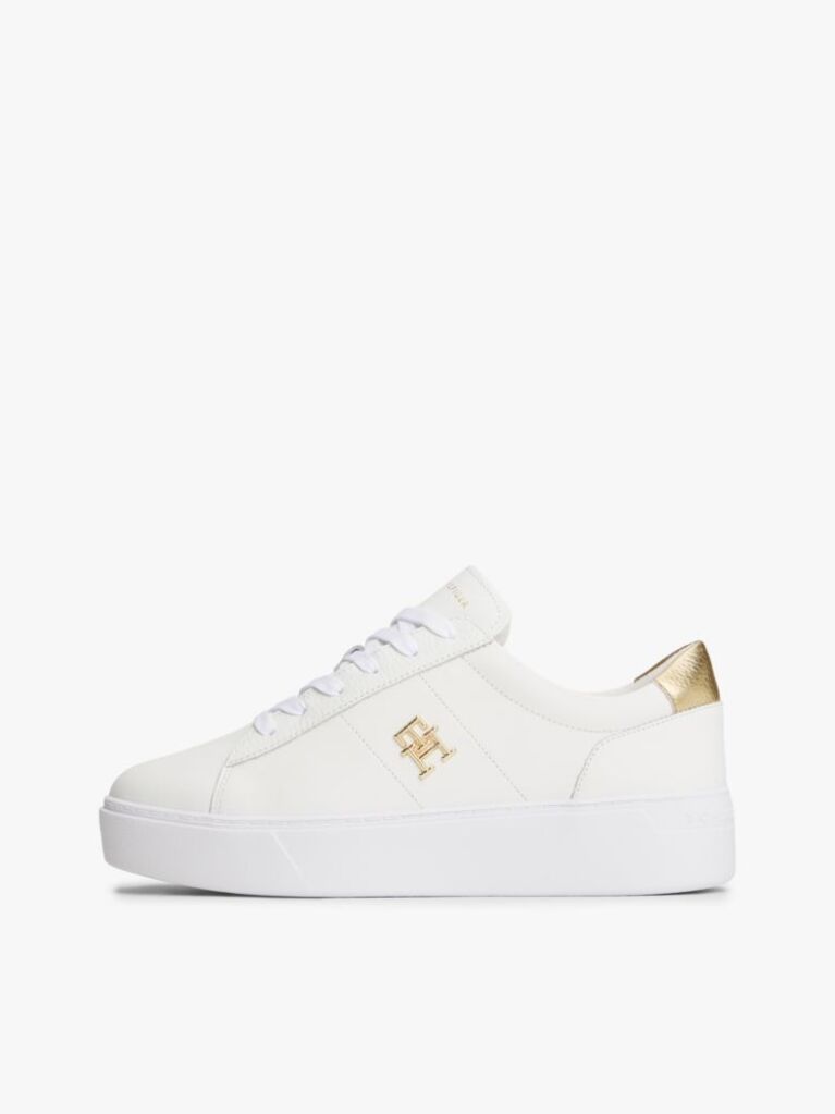 White Leather Platform Court Trainers  Women