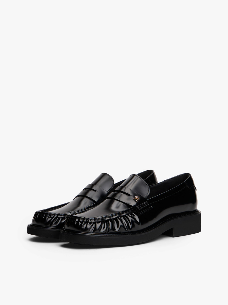 Black Leather Square Toe Loafers  Women