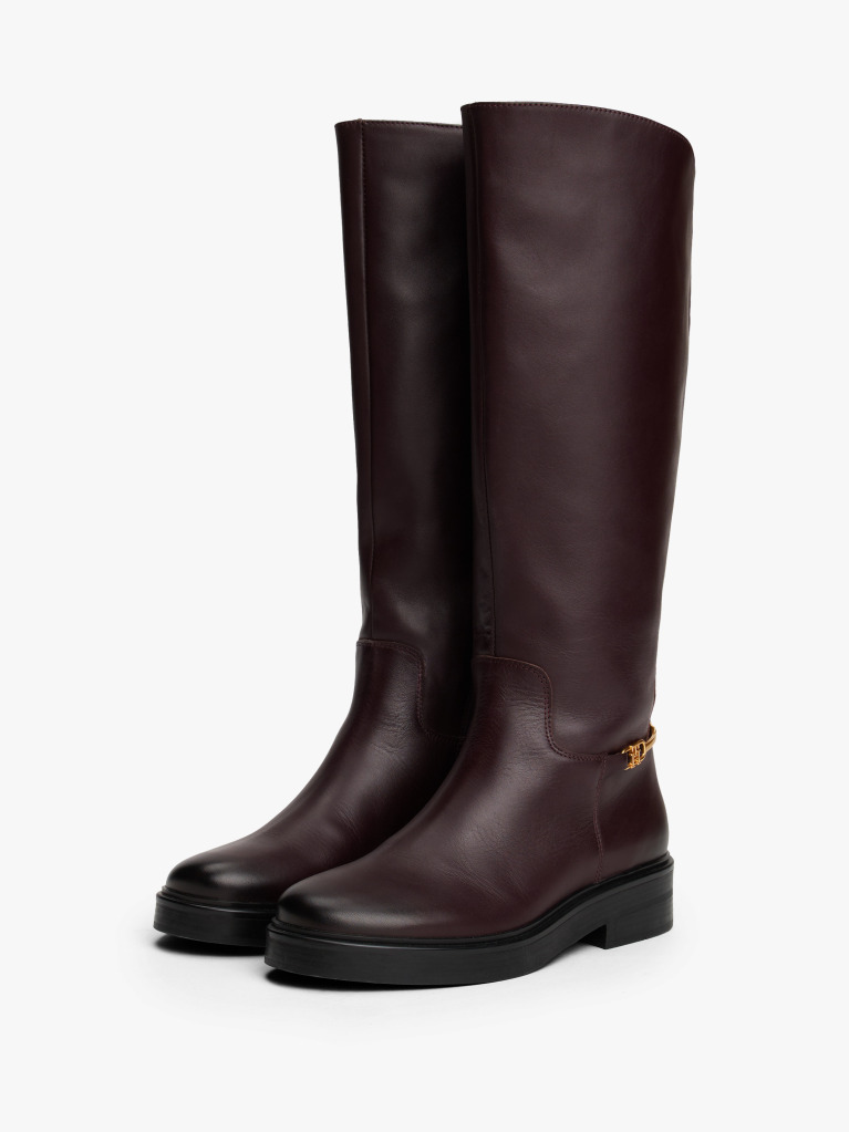 Brown Leather TH Monogram Horsebit Riding Boots  Women