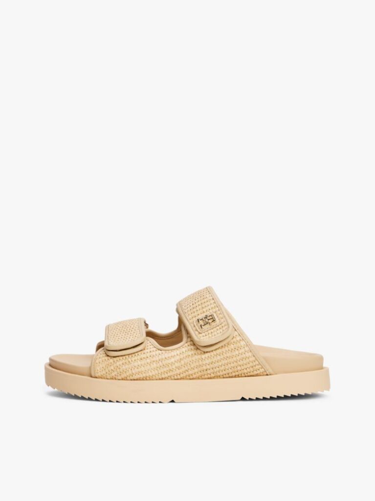 Beige TH Monogram Raffia Buckle Cleat Sandals  Women