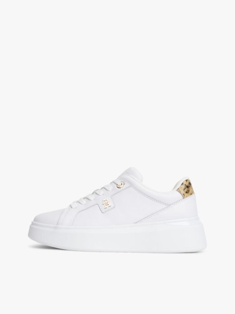White Snake Print Heel Leather Platform Trainers  Women