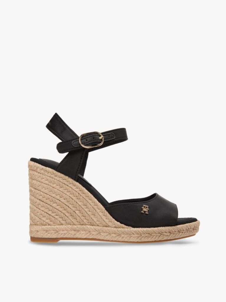 Black Satin TH Monogram Wedge Espadrilles  Women