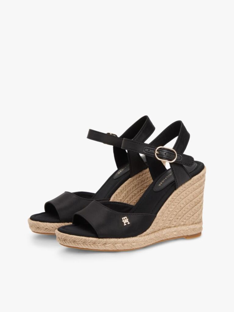 Black Satin TH Monogram Wedge Espadrilles  Women