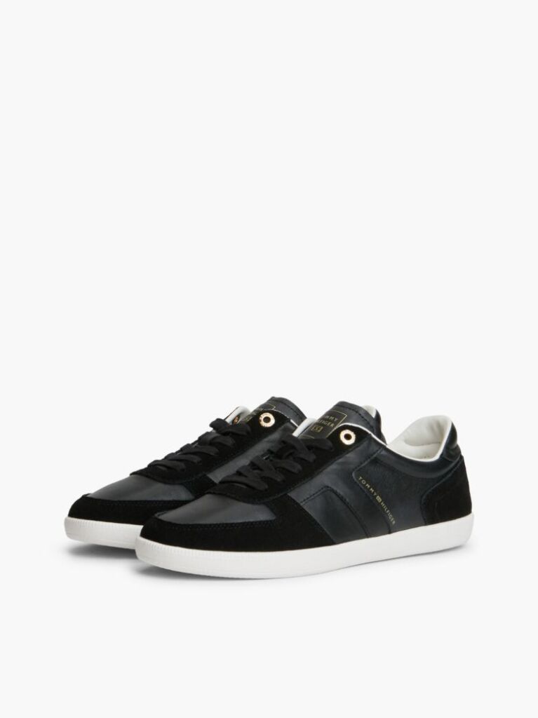 Black Leather Mixed Texture Enamel Flag Trainers  Women