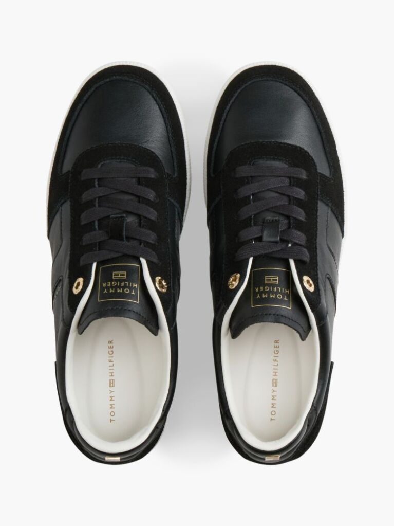 Black Leather Mixed Texture Enamel Flag Trainers  Women