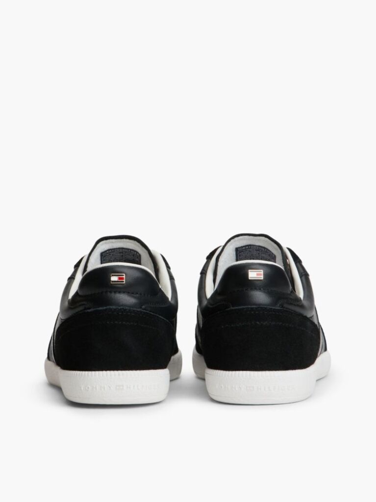 Black Leather Mixed Texture Enamel Flag Trainers  Women
