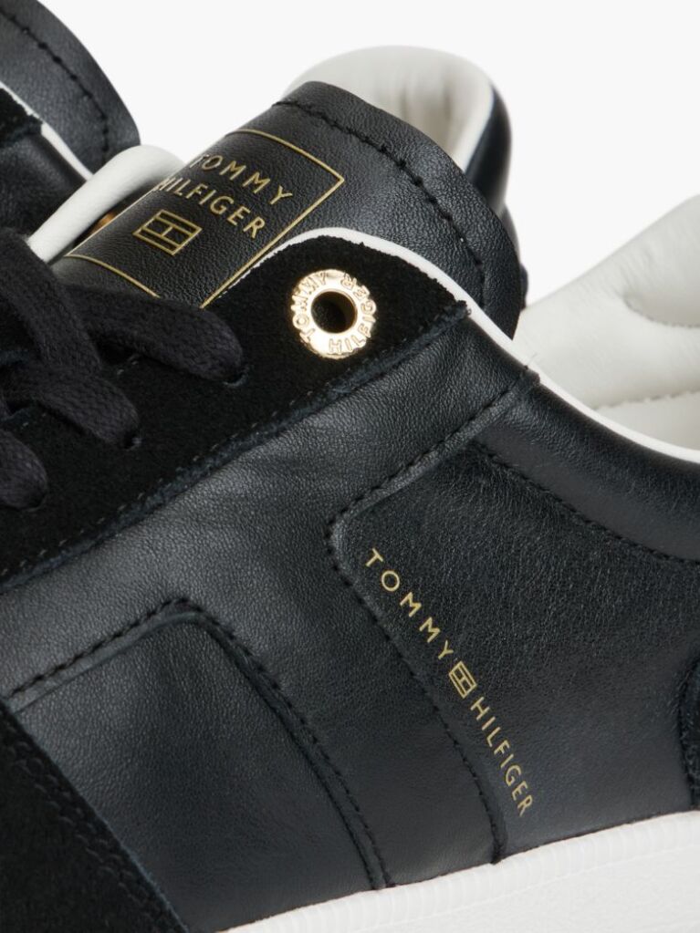 Black Leather Mixed Texture Enamel Flag Trainers  Women