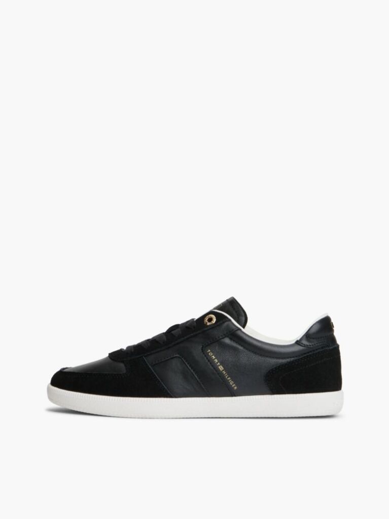 Black Leather Mixed Texture Enamel Flag Trainers  Women