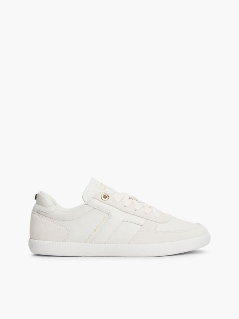 Beige Leather Mixed Texture Enamel Flag Trainers  Women