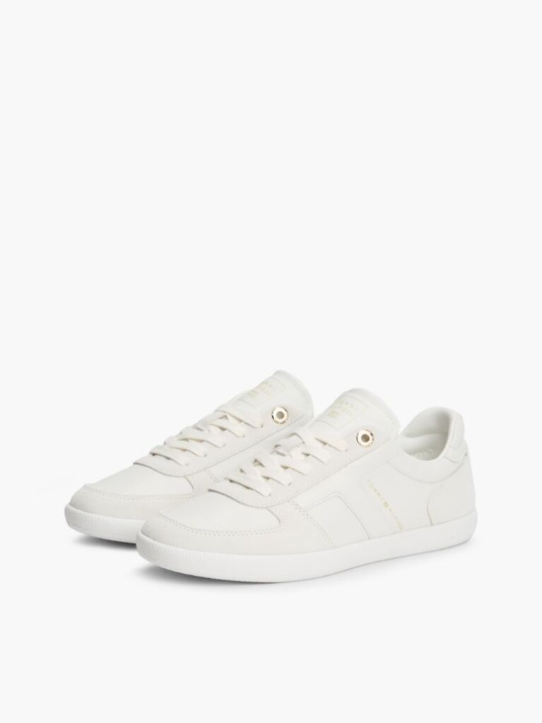 Beige Leather Mixed Texture Enamel Flag Trainers  Women