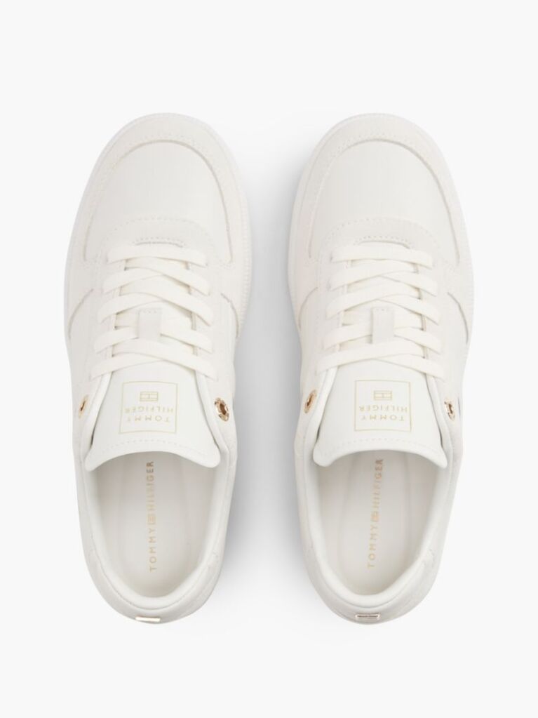 Beige Leather Mixed Texture Enamel Flag Trainers  Women