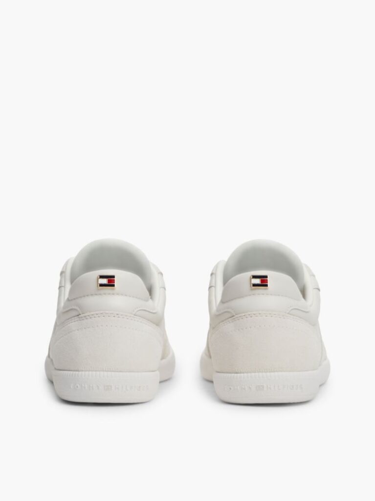 Beige Leather Mixed Texture Enamel Flag Trainers  Women