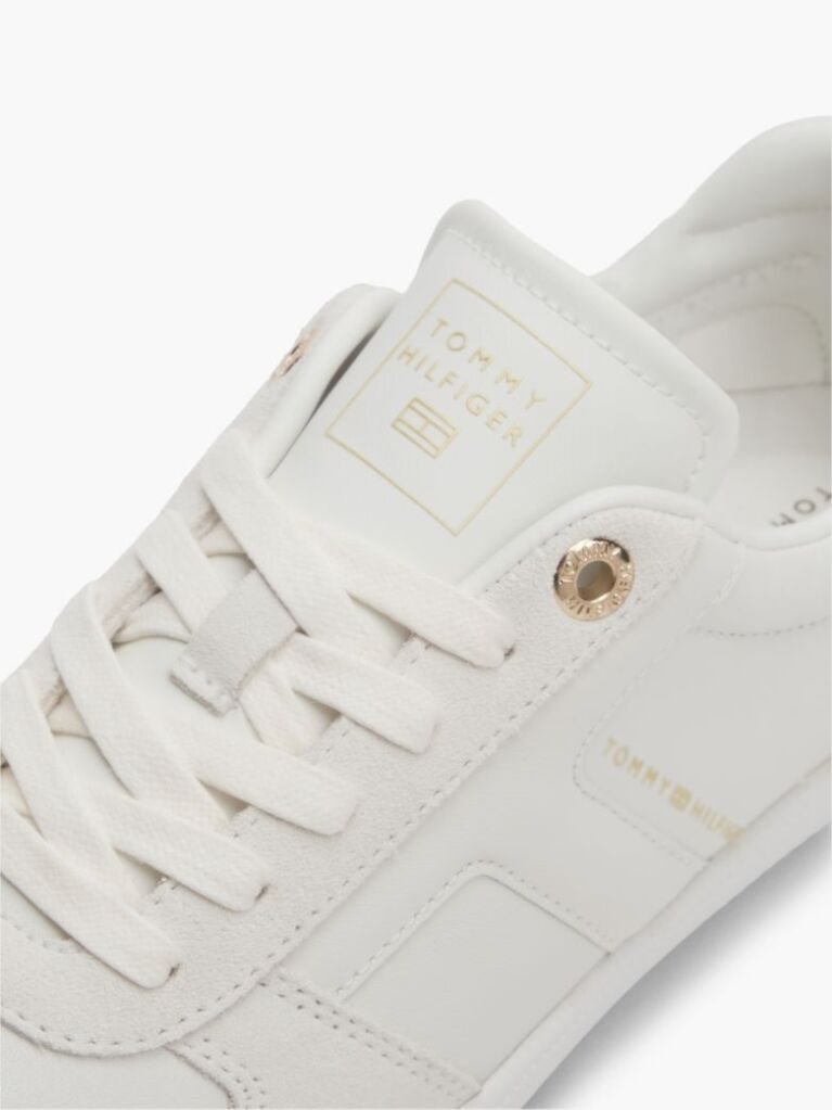 Beige Leather Mixed Texture Enamel Flag Trainers  Women