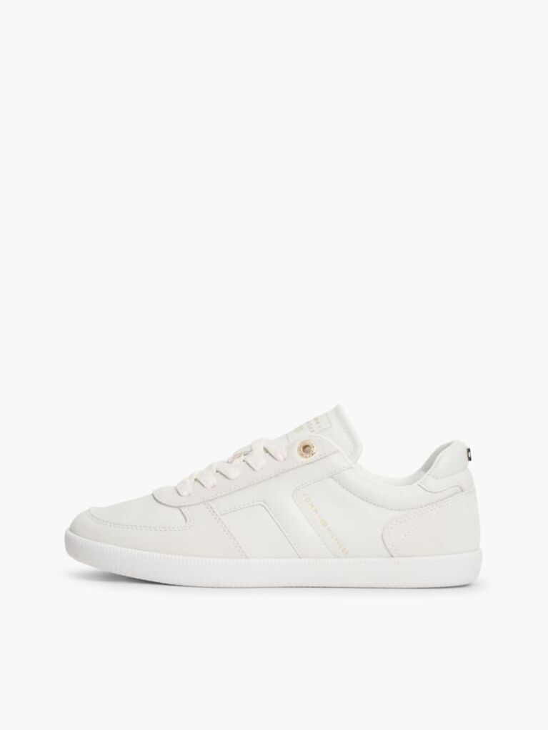 Beige Leather Mixed Texture Enamel Flag Trainers  Women