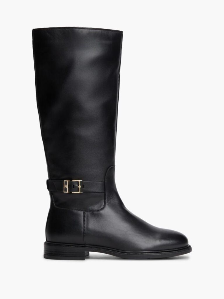 Black TH Monogram Buckle Leather Knee-High Boots  Women