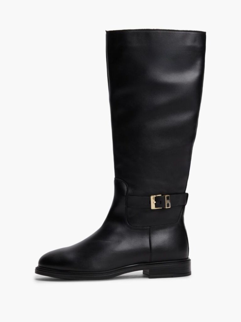 Black TH Monogram Buckle Leather Knee-High Boots  Women