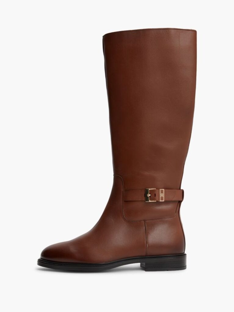 Brown TH Monogram Buckle Leather Knee-High Boots  Women