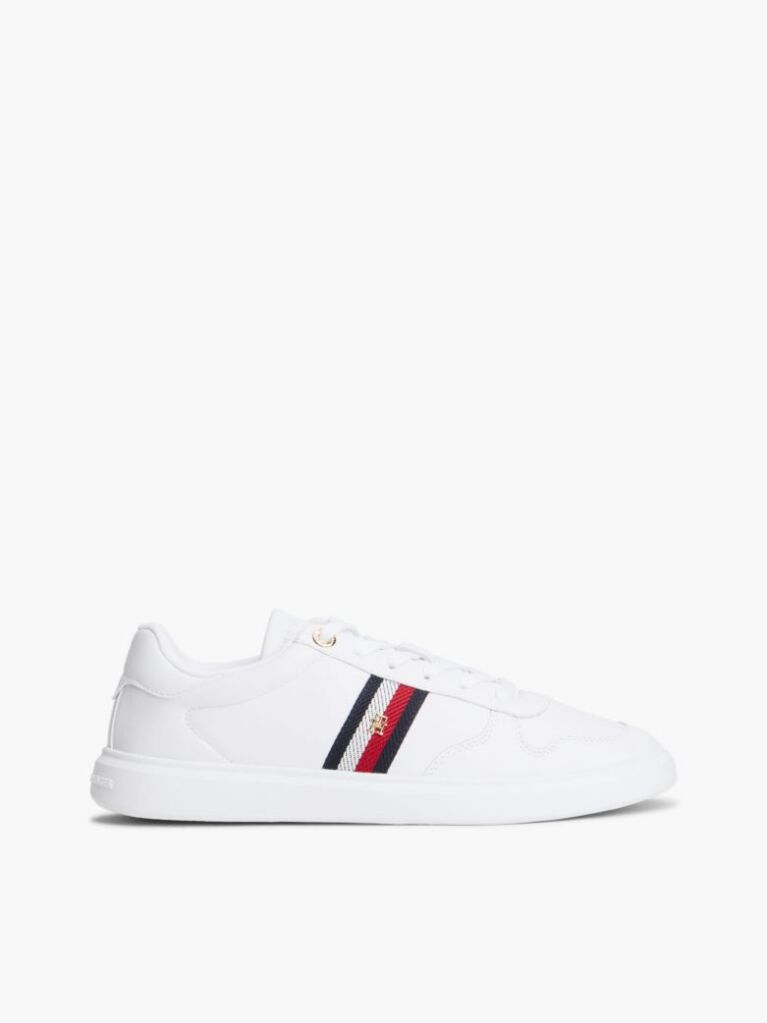 White Global Stripe Leather Court Trainers  Women