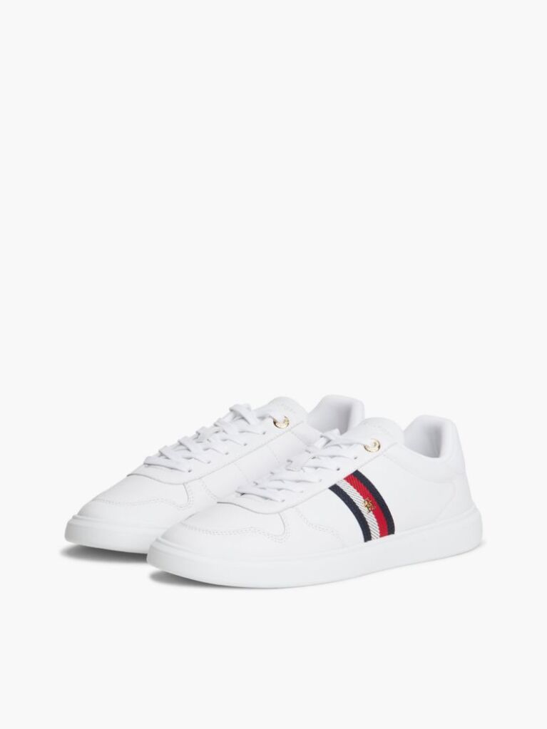 White Global Stripe Leather Court Trainers  Women