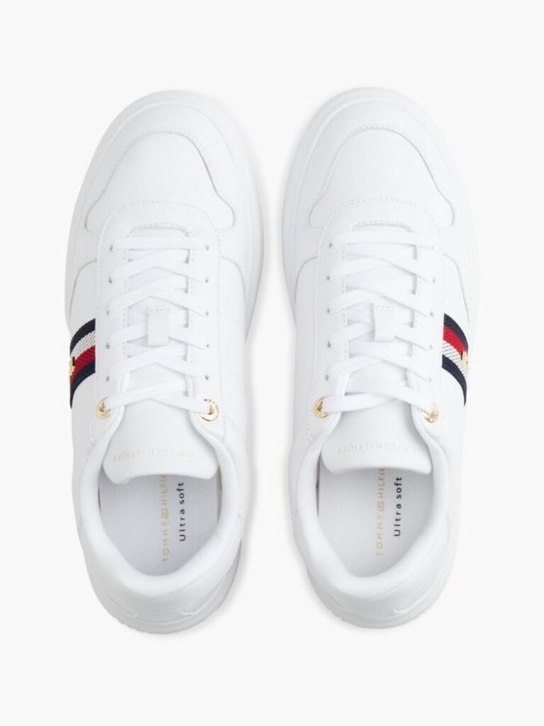 White Global Stripe Leather Court Trainers  Women