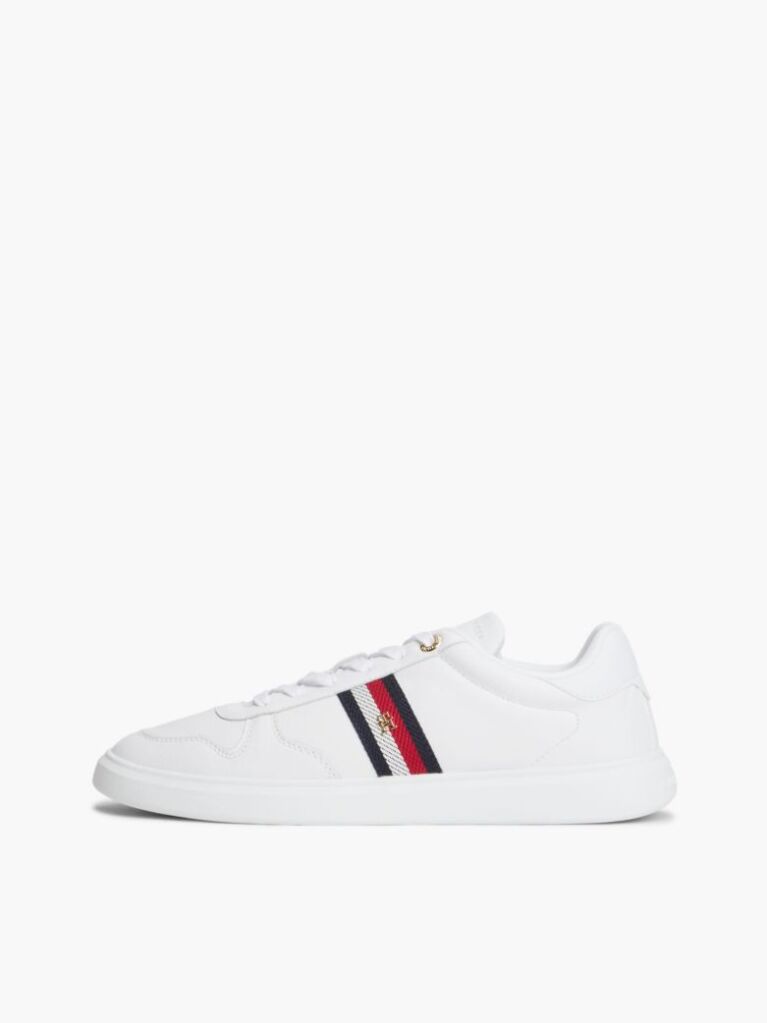 White Global Stripe Leather Court Trainers  Women