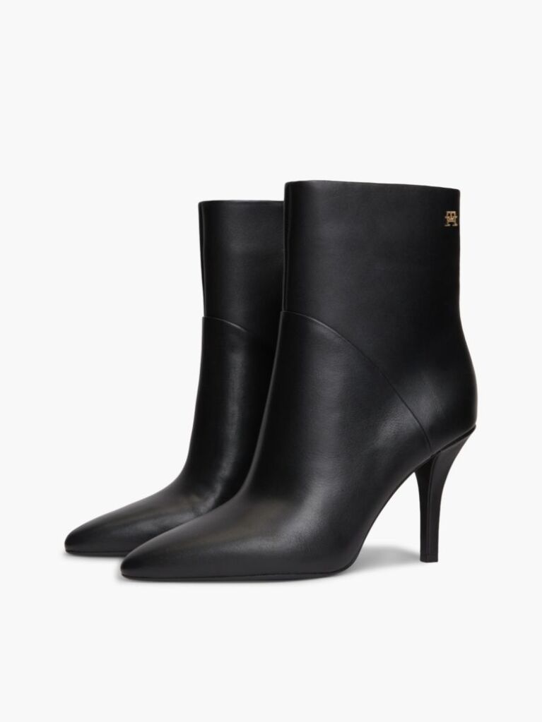 Black Leather Pointed Toe Heeled Ankle Boots  Women