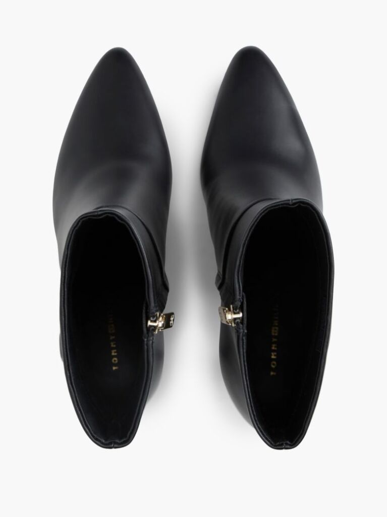 Black Leather Pointed Toe Heeled Ankle Boots  Women