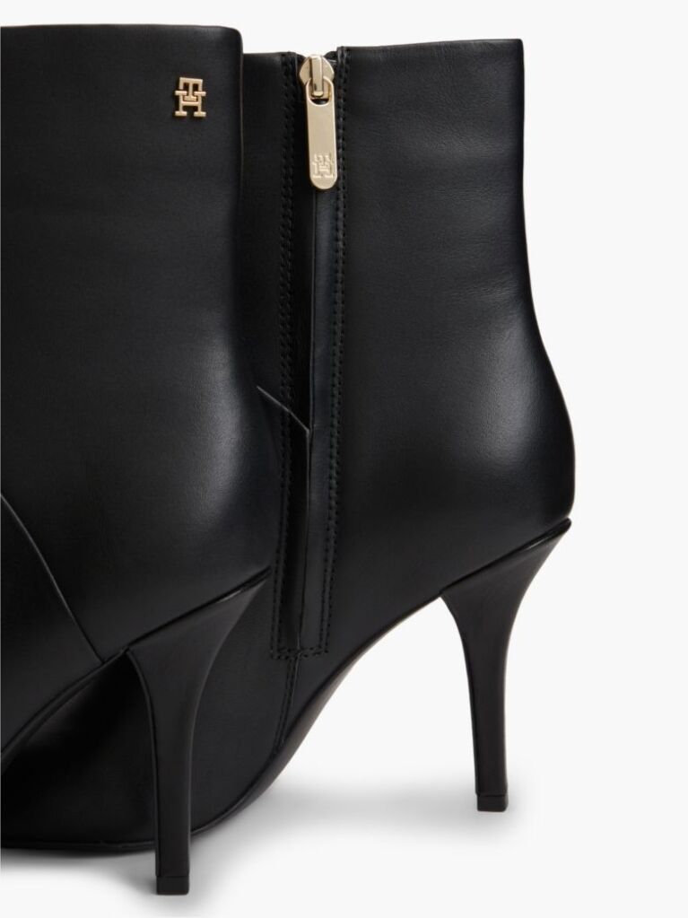 Black Leather Pointed Toe Heeled Ankle Boots  Women