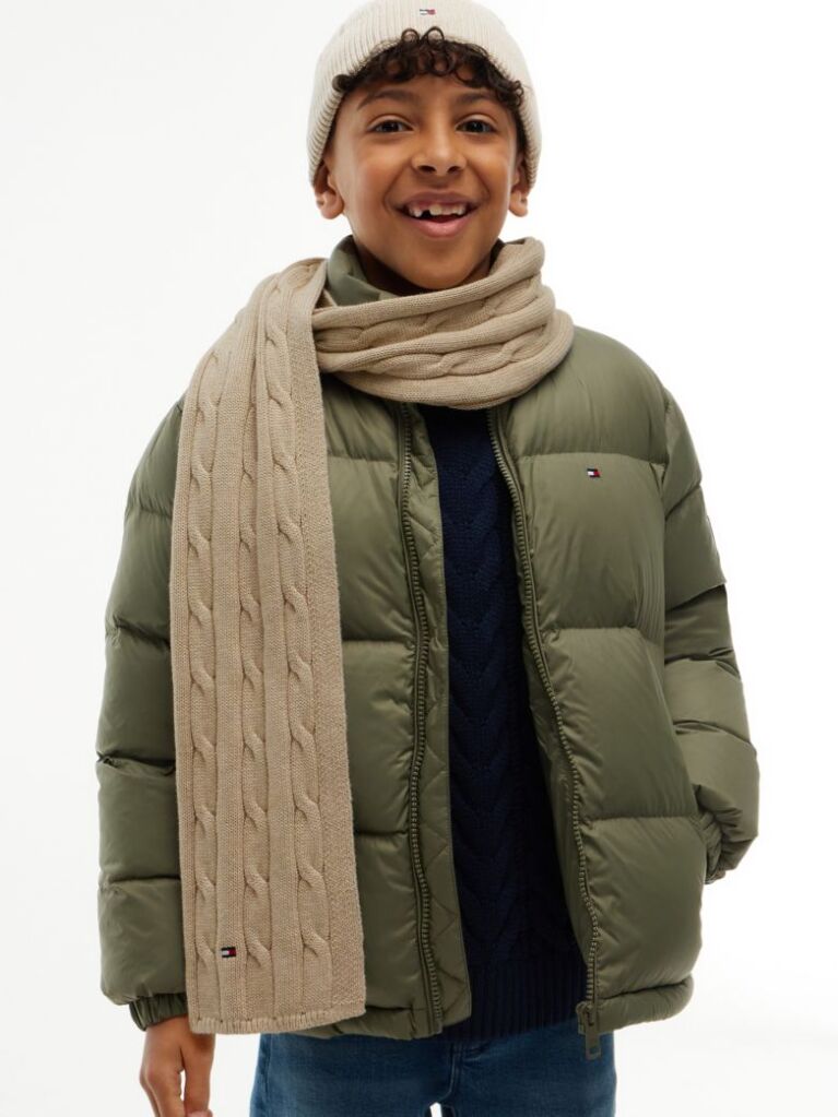 Beige Kids' Cable Knit Flag Embroidery Scarf  Kids Unisex