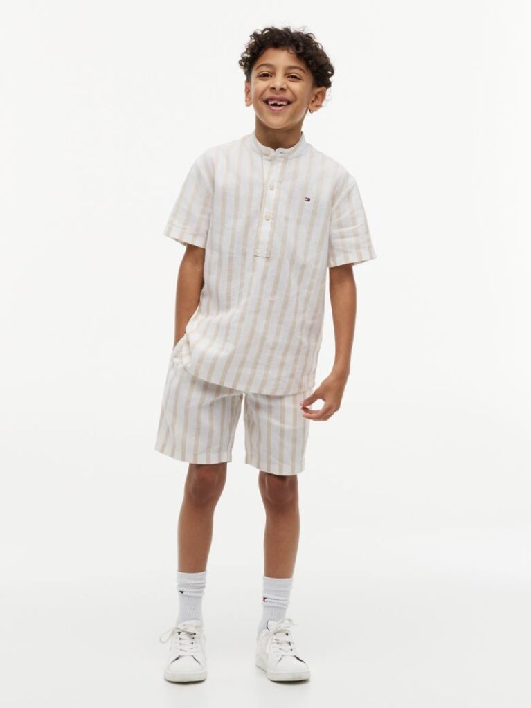 Multi Stripe Linen Blend Short Sleeve Shirt  Boys
