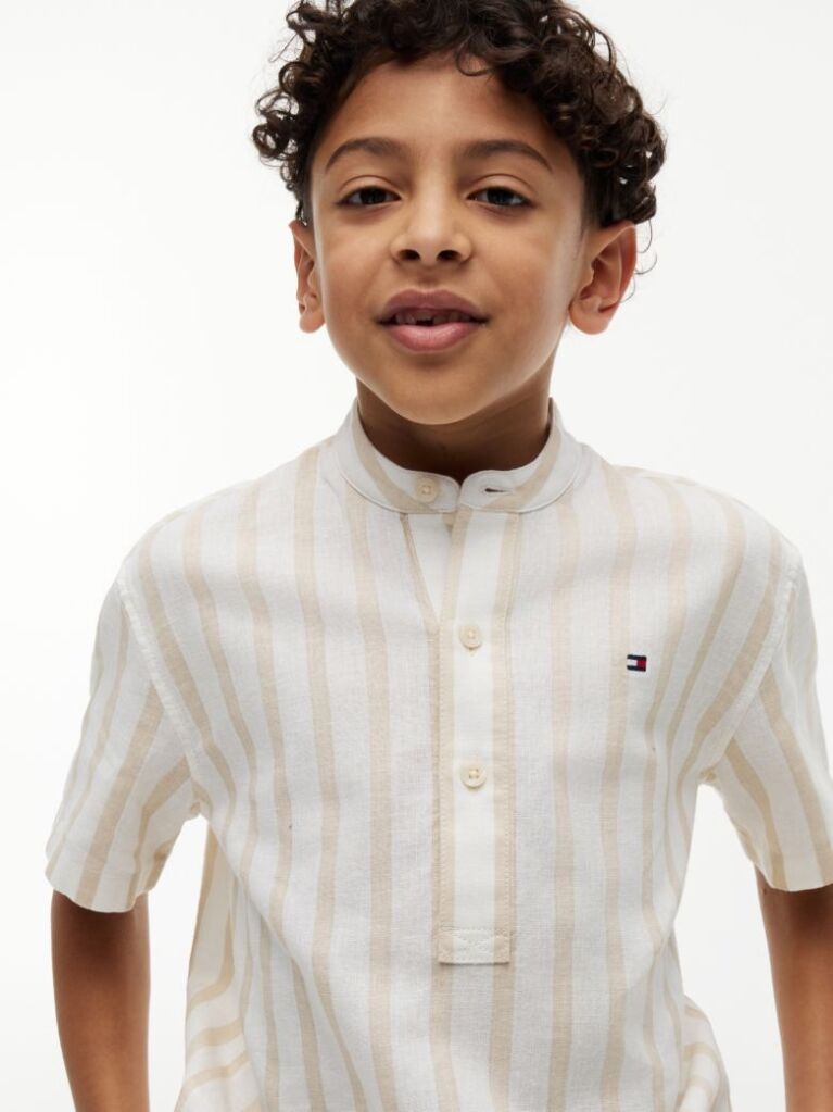 Multi Stripe Linen Blend Short Sleeve Shirt  Boys